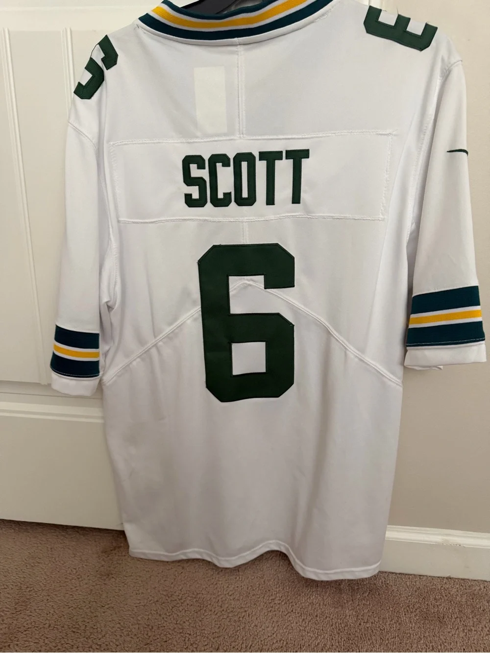 Nike White Green Number 6 NFL Jersey with Gold & Navy Trim